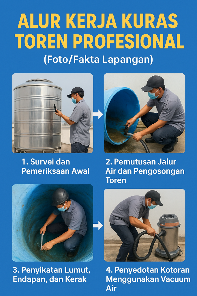 Alur kerja kuras toren profesional (fotofakta lapangan)
